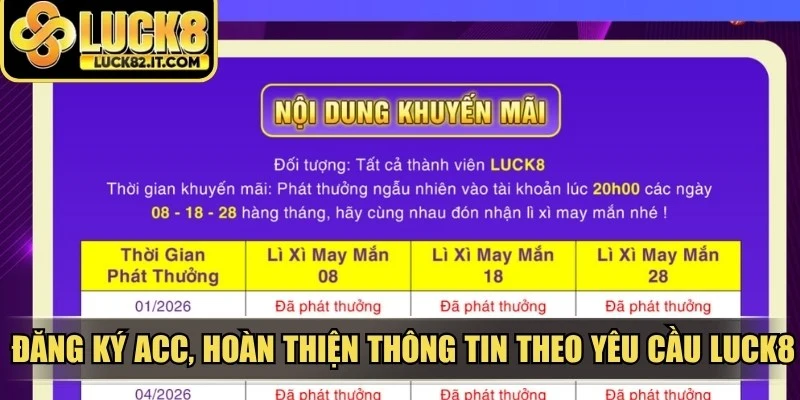 Đăng ký acc, hoàn thiện thông tin theo yêu cầu LUCK8